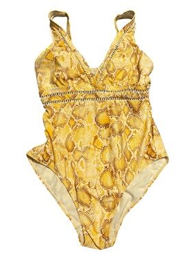 Orange Snakeskin Print Pattern V-neck One Piece Swimsuit Bathing Suit Size 14